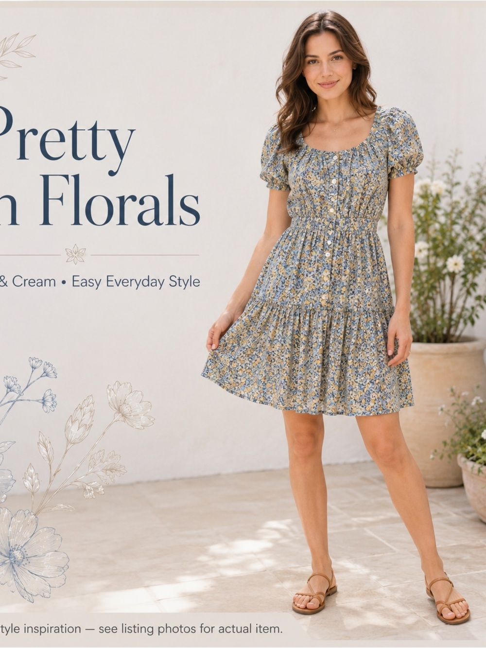 Boutique Juniper Blu Blue Cream Floral Puff Sleeve Button Front Mini Dress M
